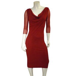 FUZZI Dress, M, DARK Red, Mesh/Tulle, Drape Neck, Sheer 3/4 sleeves, Midi JPG